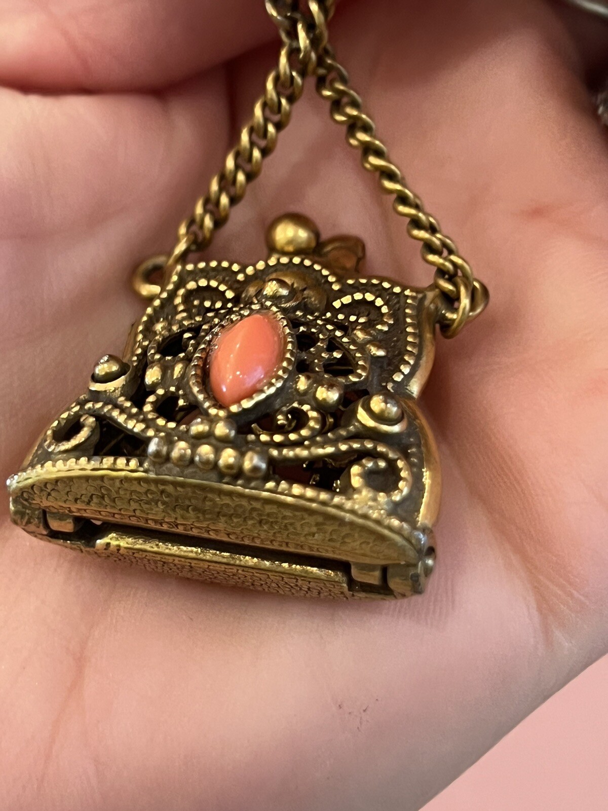 Pin Brooch Filigree Purse Coral Color Stone Dangle Pin