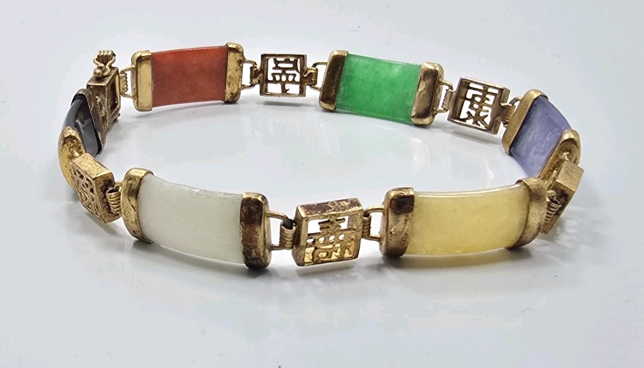 Beautiful Vintage Sterling Silver 925 Gold Wash Multi Color Jade Ladies Bracelet