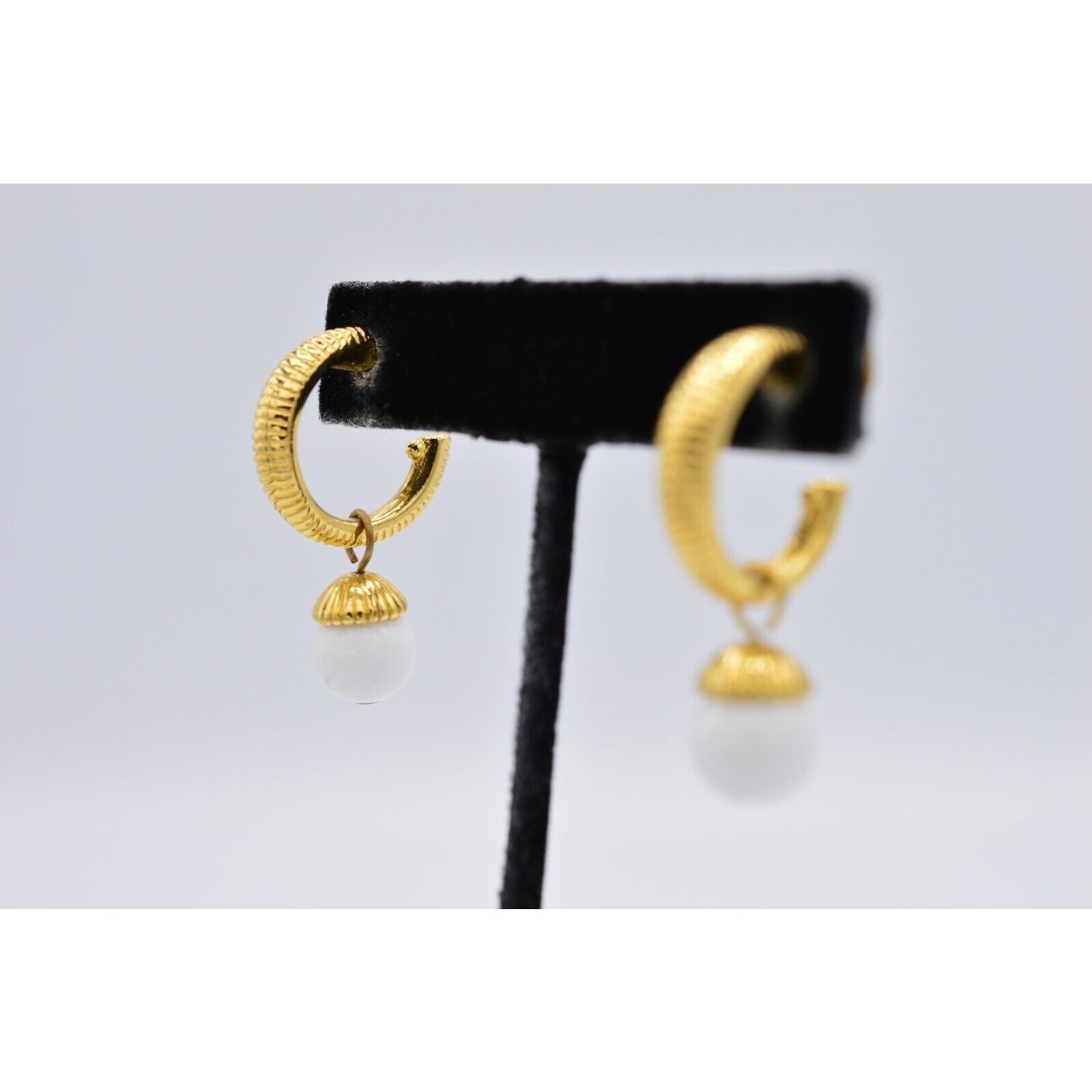 Vintage Hoop Drop Earrings Gold White Bead Pearl Dangle Pierced NOS 1980s BinX