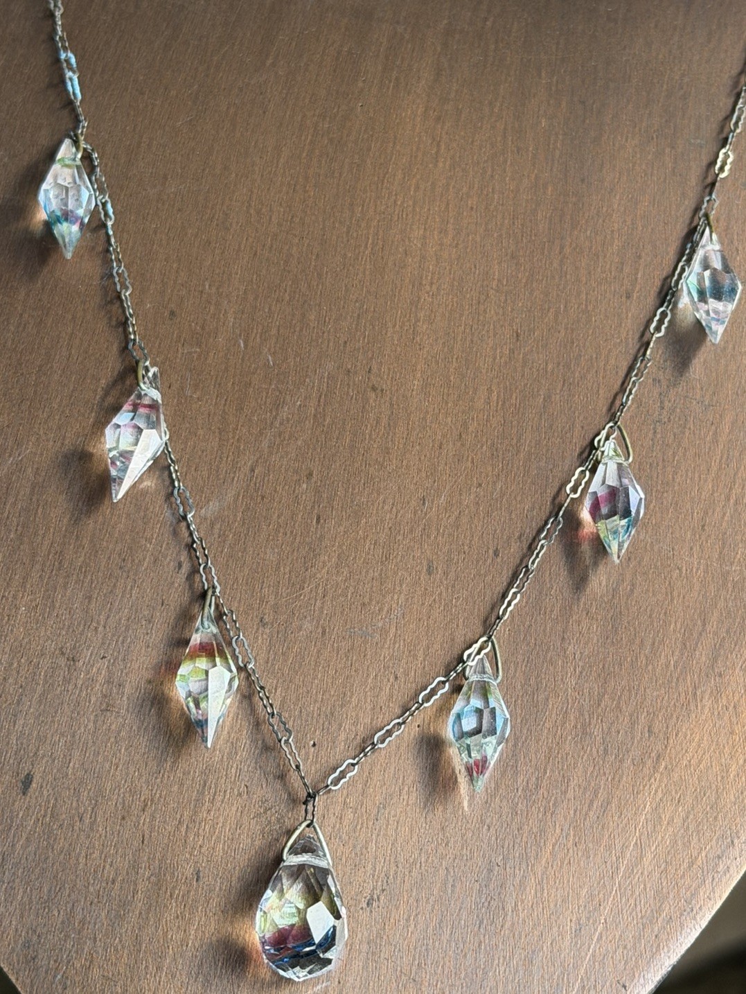Antique Art Deco Czech Iris Crystal Rainbow Bicone Dangle 17.5″ Necklace