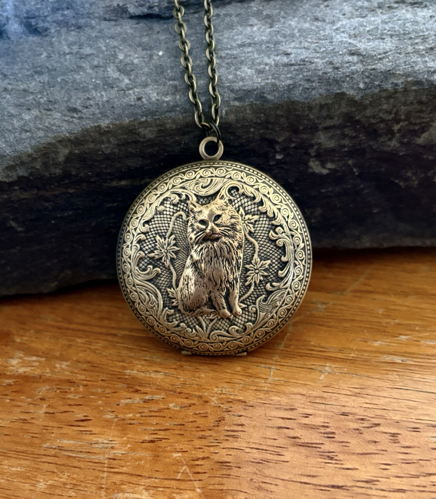 X-Lrg Cat Locket Necklace, Antiqued Brass, Art Nouveau Photos Memorial Pendant