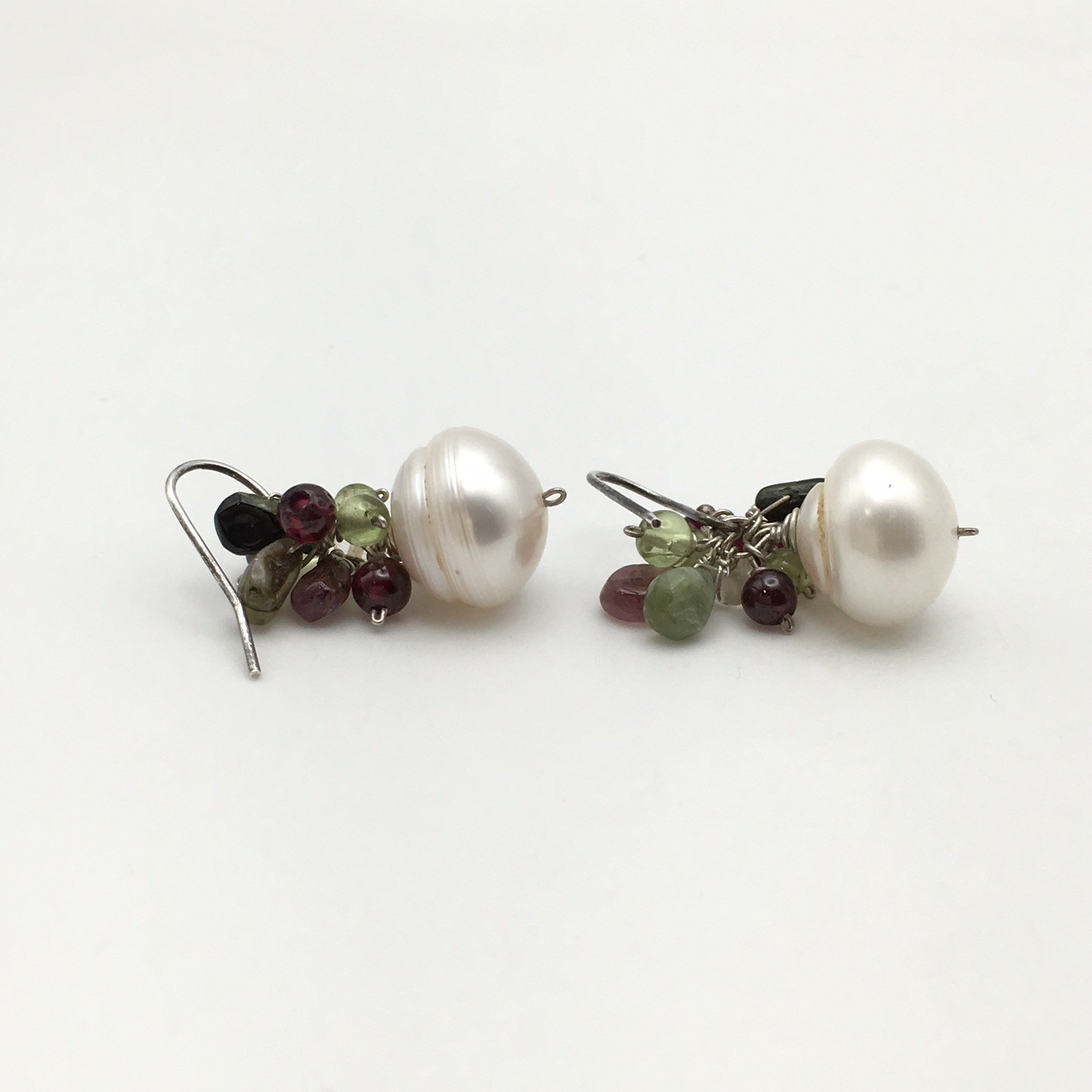 Vintage Sterling Silver Pearl Garnet Green Stone Hook Dangle Earrings 925 8g #92