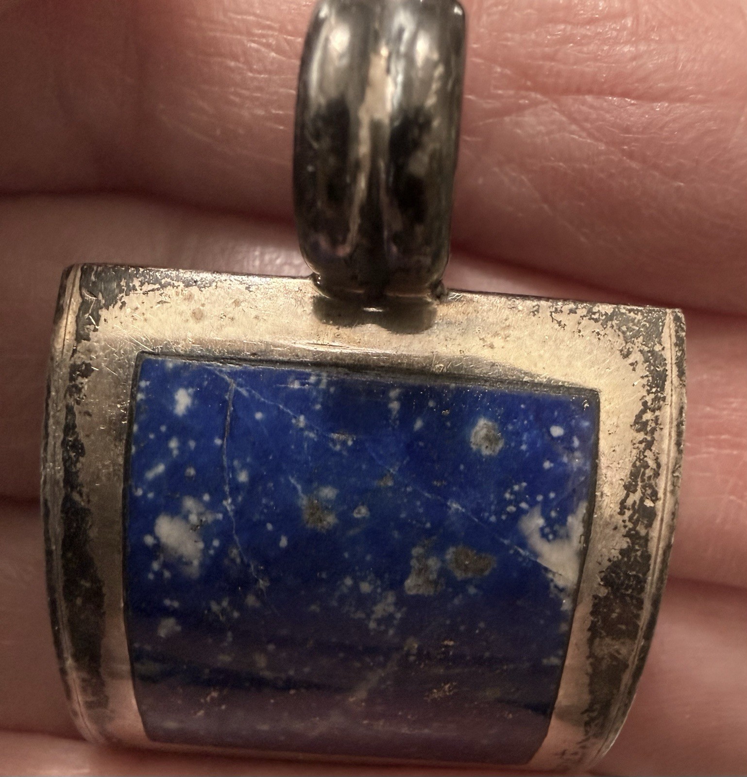Vintage CHILE 980 Silver Domed Square Lapis Lazuli Pendant Stud Earrings Set 17g