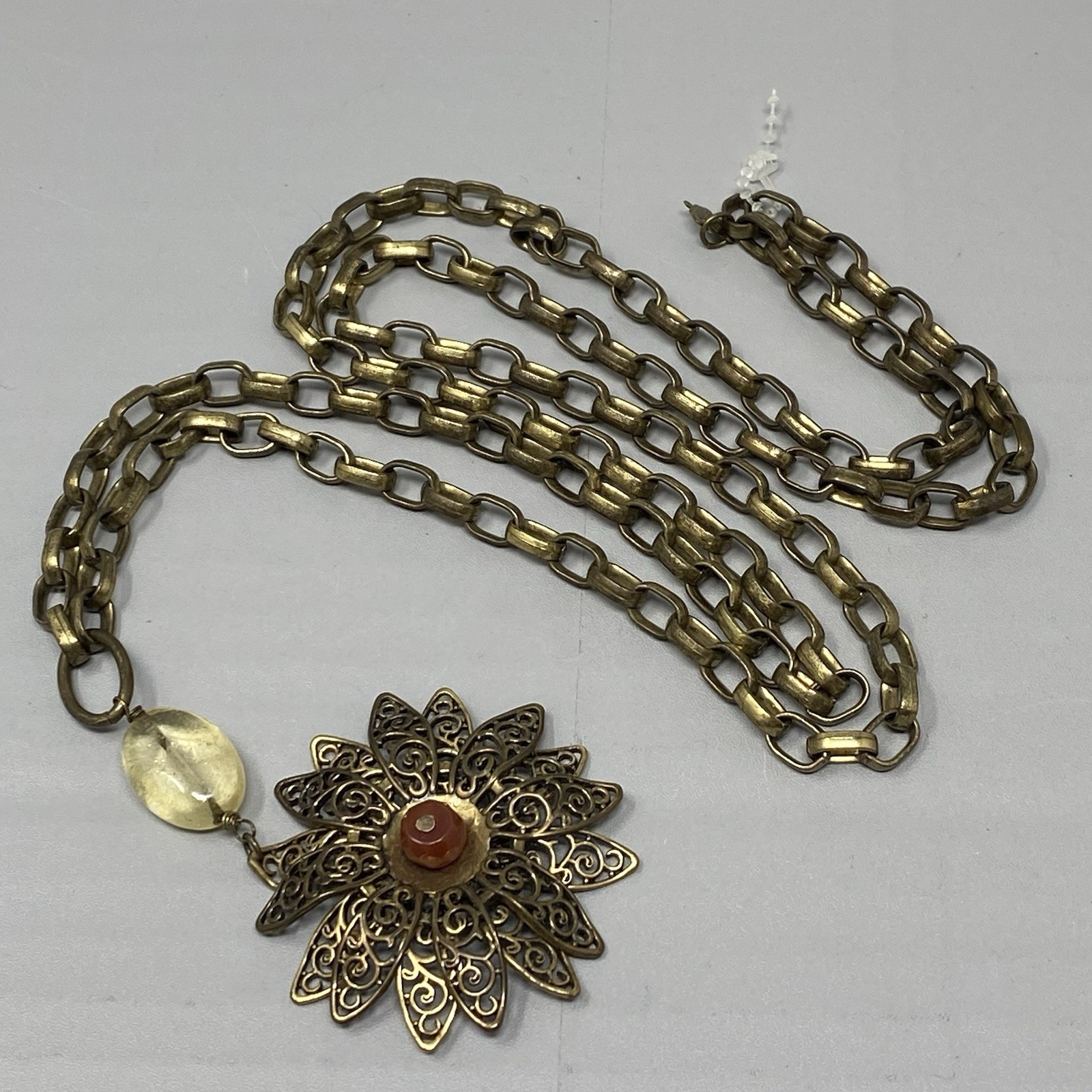 Lucky Brand Pendant Necklace Brass Gold Tone Layered Flower Chunky Long 36″