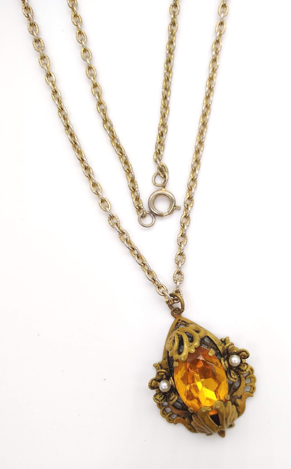Amber Honey Topaz Color Beads Necklaces Lot of 6 Gold Tone Tassel Filigree Vinta