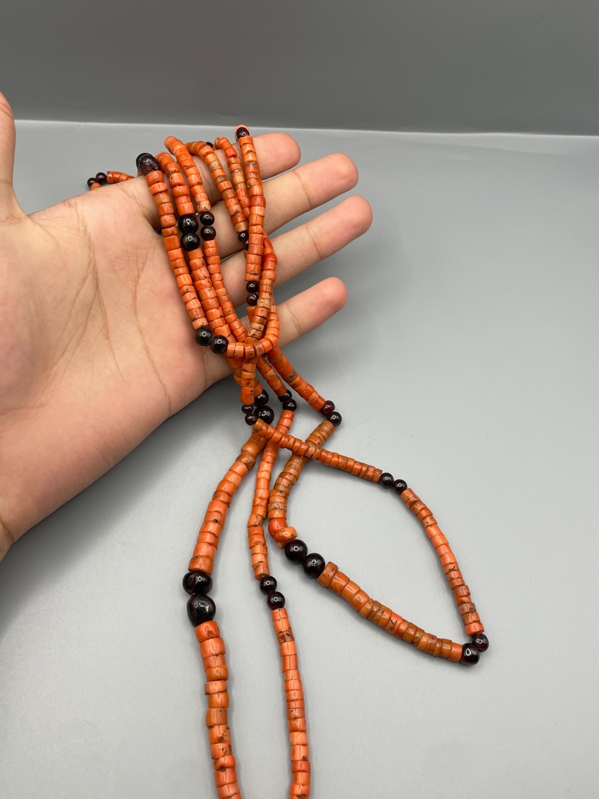 Antique 3-Strand Natural Coral Necklace with Genuine Coral & Black Stone 118 gr