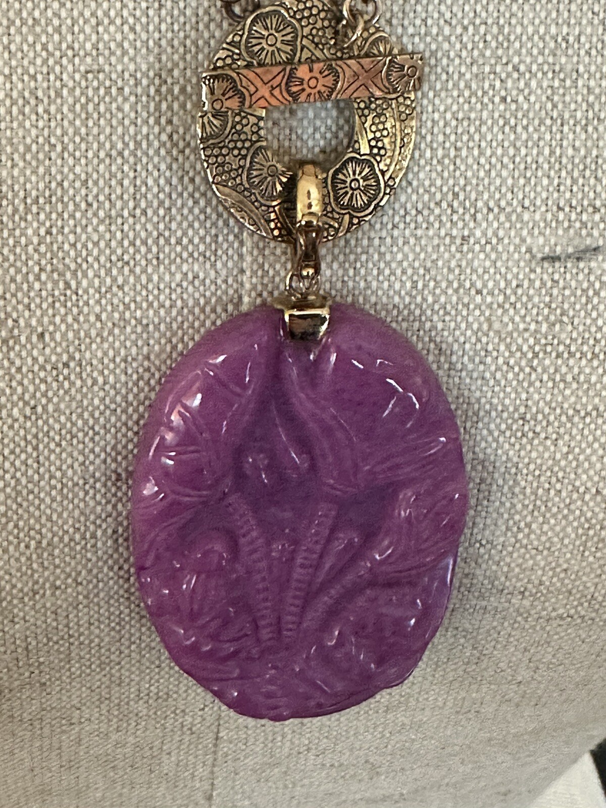 Vintage Amy Kahn Russell Purple Jade Lily Pendant Beaded Necklace