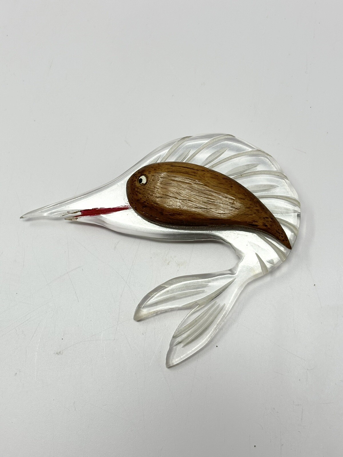 Vintage Carved Lucite And Wood Swordfish Fish Brooch Pin With Painted Details
