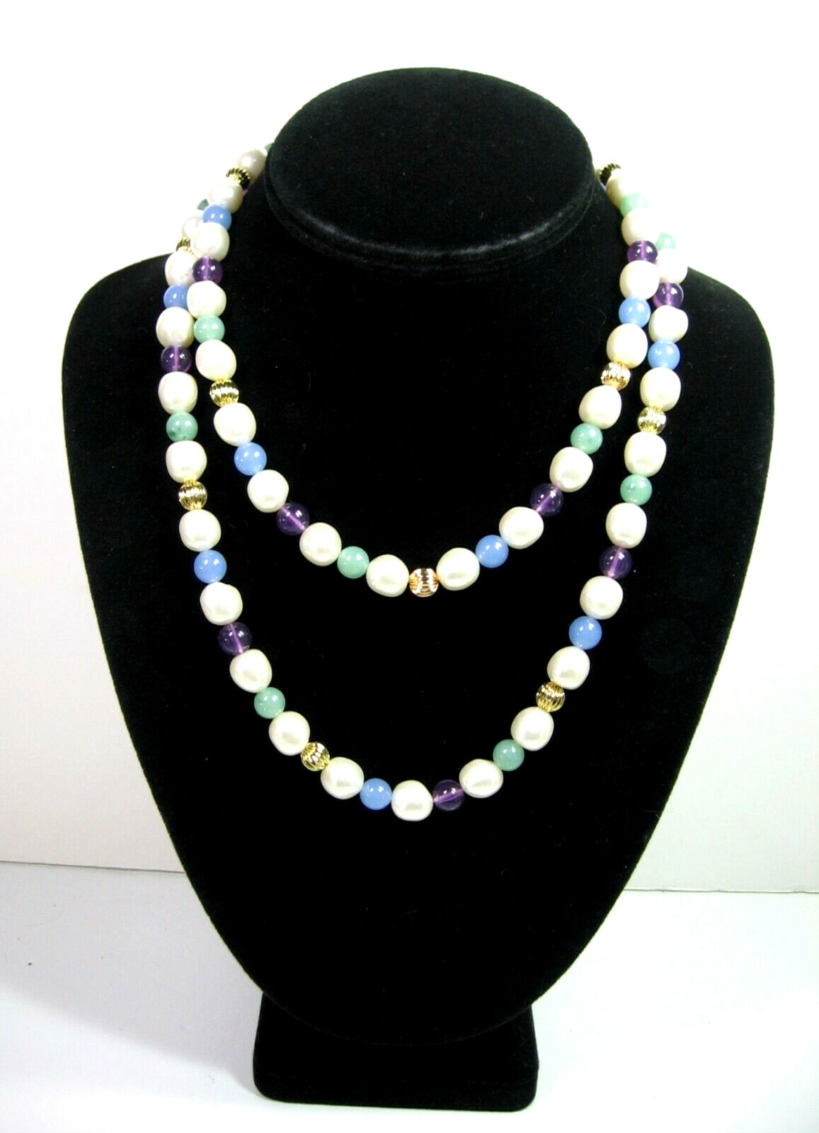 White PURPLE BLUE MINT GREEN BEADED Necklace 4 Color Beads Vintage Goldtone 36″