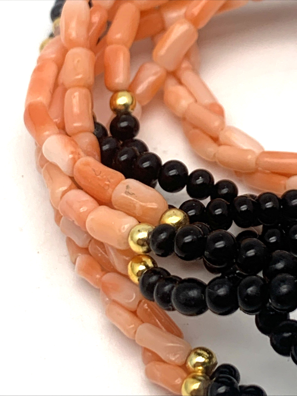 Vintage Twisted 3 Strand Coral & Onyx Beaded 30″ Necklace