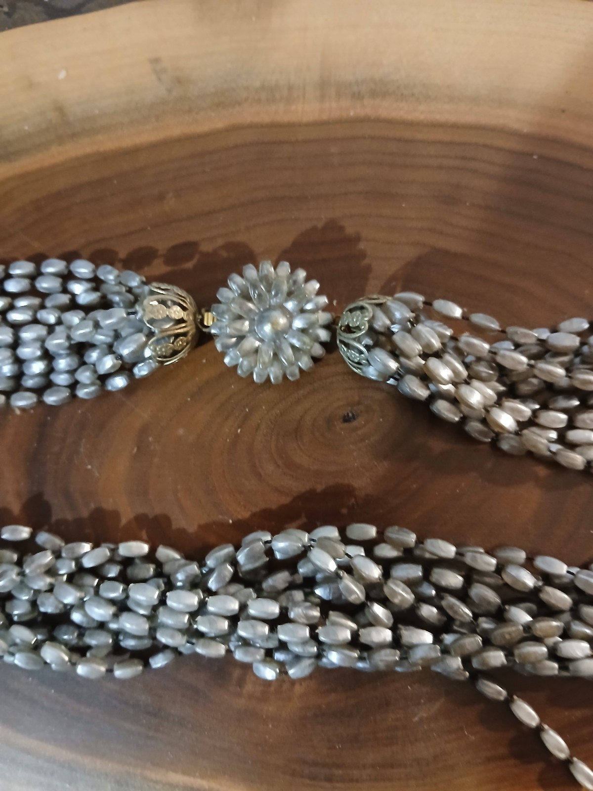 Vintage Gray Pearl Bead 12- Strand Necklace Beautiful Ends, Clasp 12″.