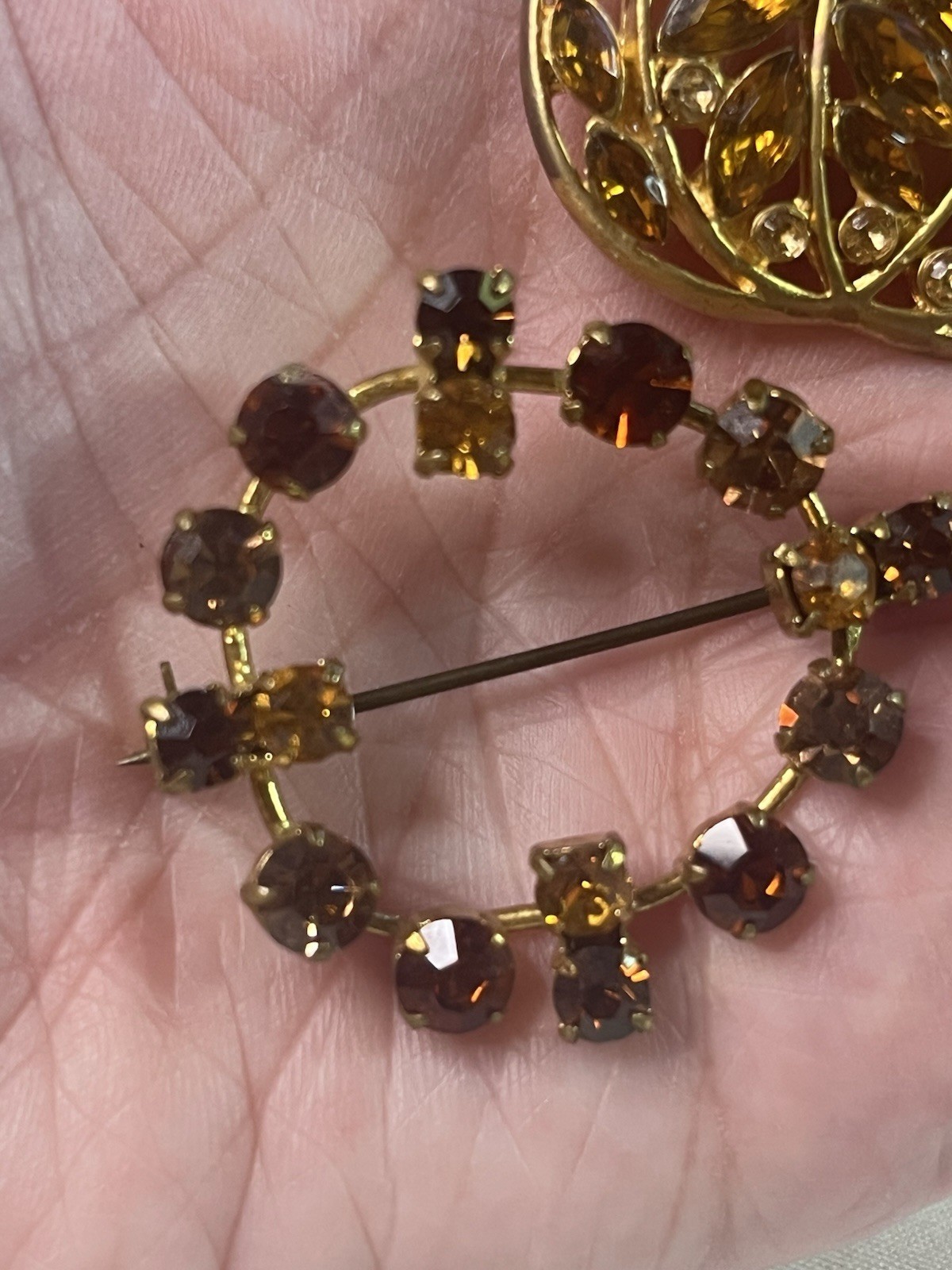 Brooch Pin Lot Rhinestones Amber Gold Brown Fall Colors Lot Of 3 Pumpkin Autumn