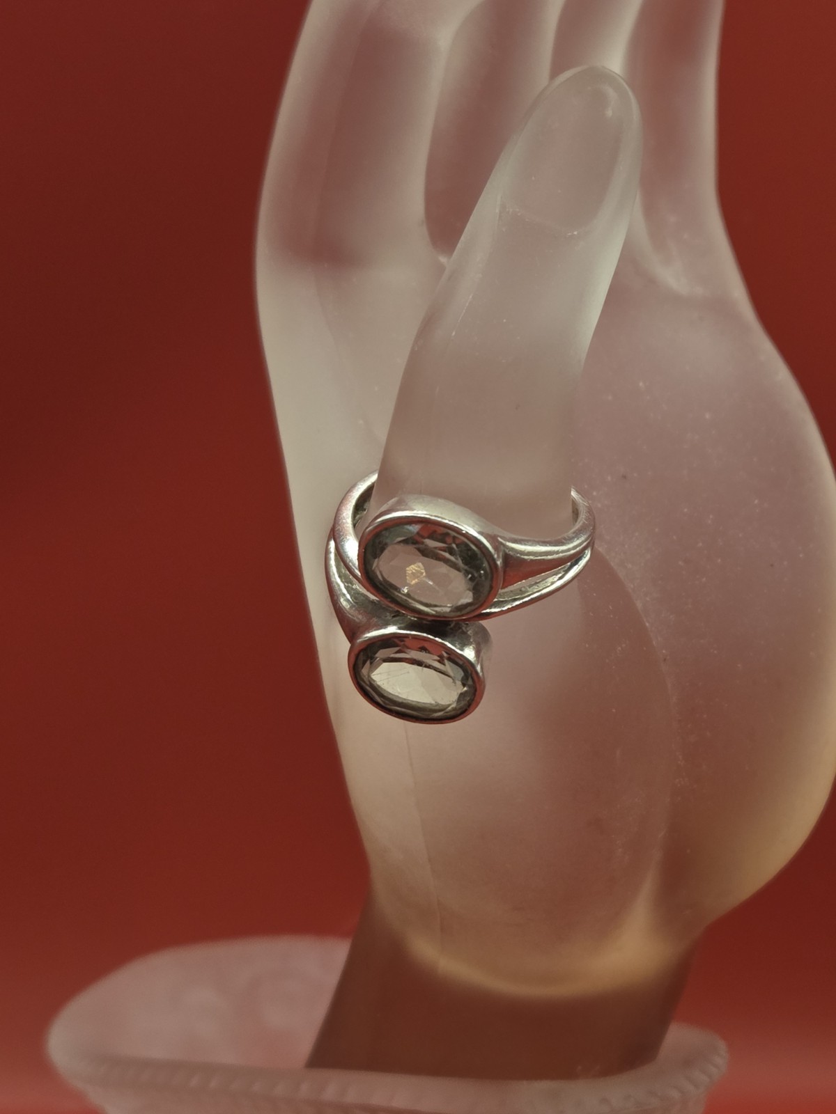 Vintage Bypass Oval Cut Stones Quartz? White Topaz? Bezel Mounts Ring 925 Sz 10