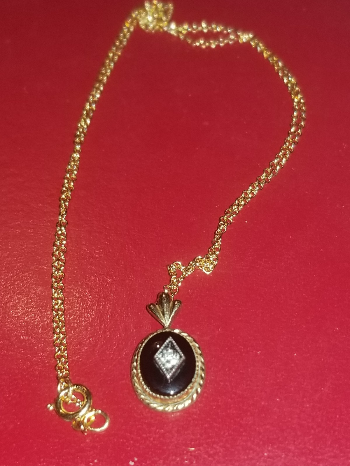Antique Victorian Onyx And Diamond? Mourning 14k Gold Filled Pendant Necklace