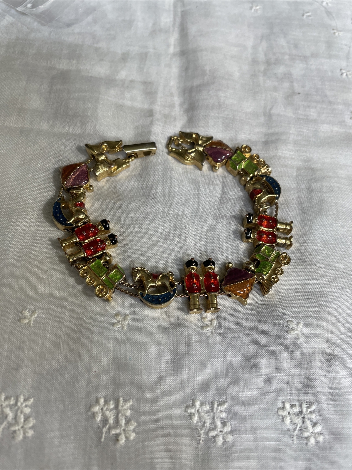 Vintage SP Enamel Christmas Slide Bracelet Train Rocking Horse Soldier YT-50