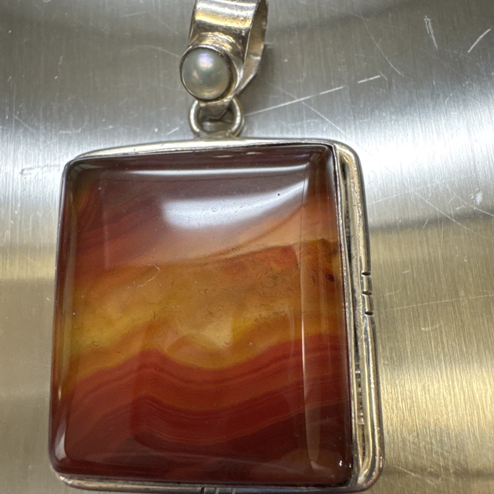 VTG Artisan Crafted Pendant 1.5 Inch Red Orange Carnelian Agate Sterling 20gm