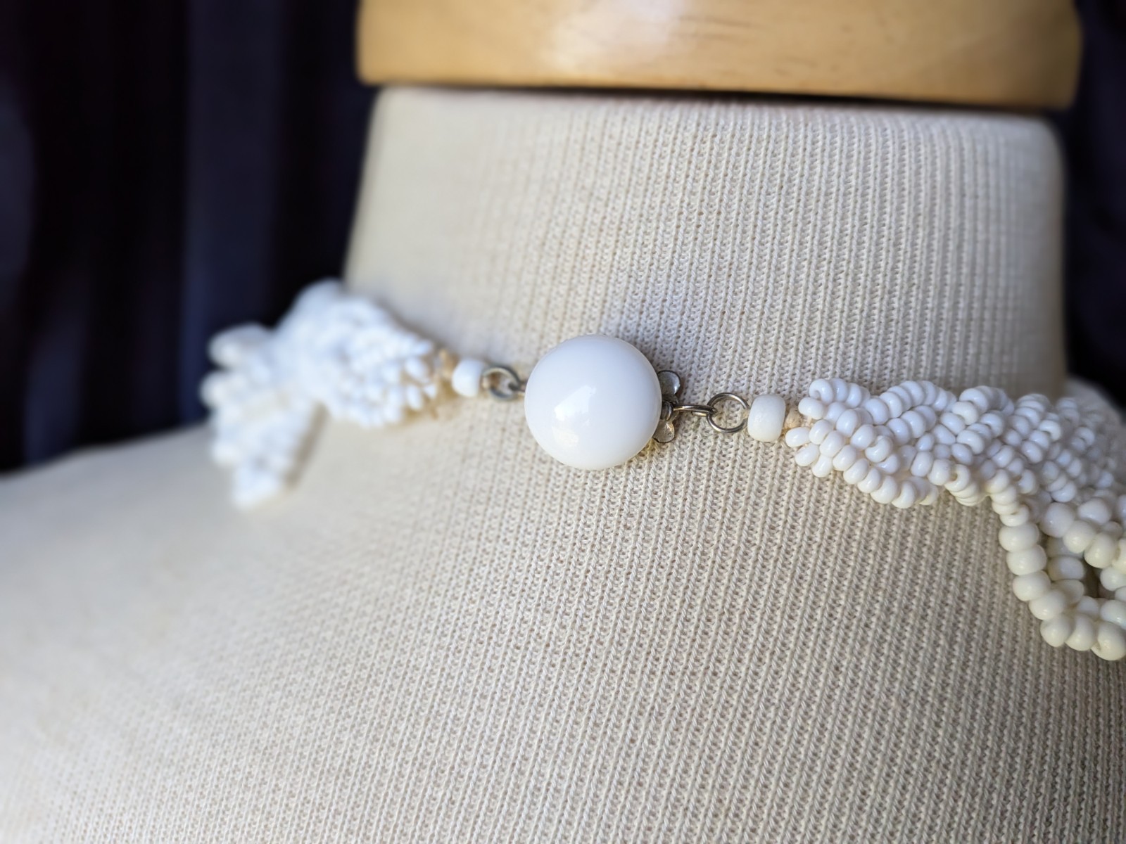 Vtg Japan MCM White Braided Seed Bead Scallop Fringe Collar 15″ Necklace AS IS