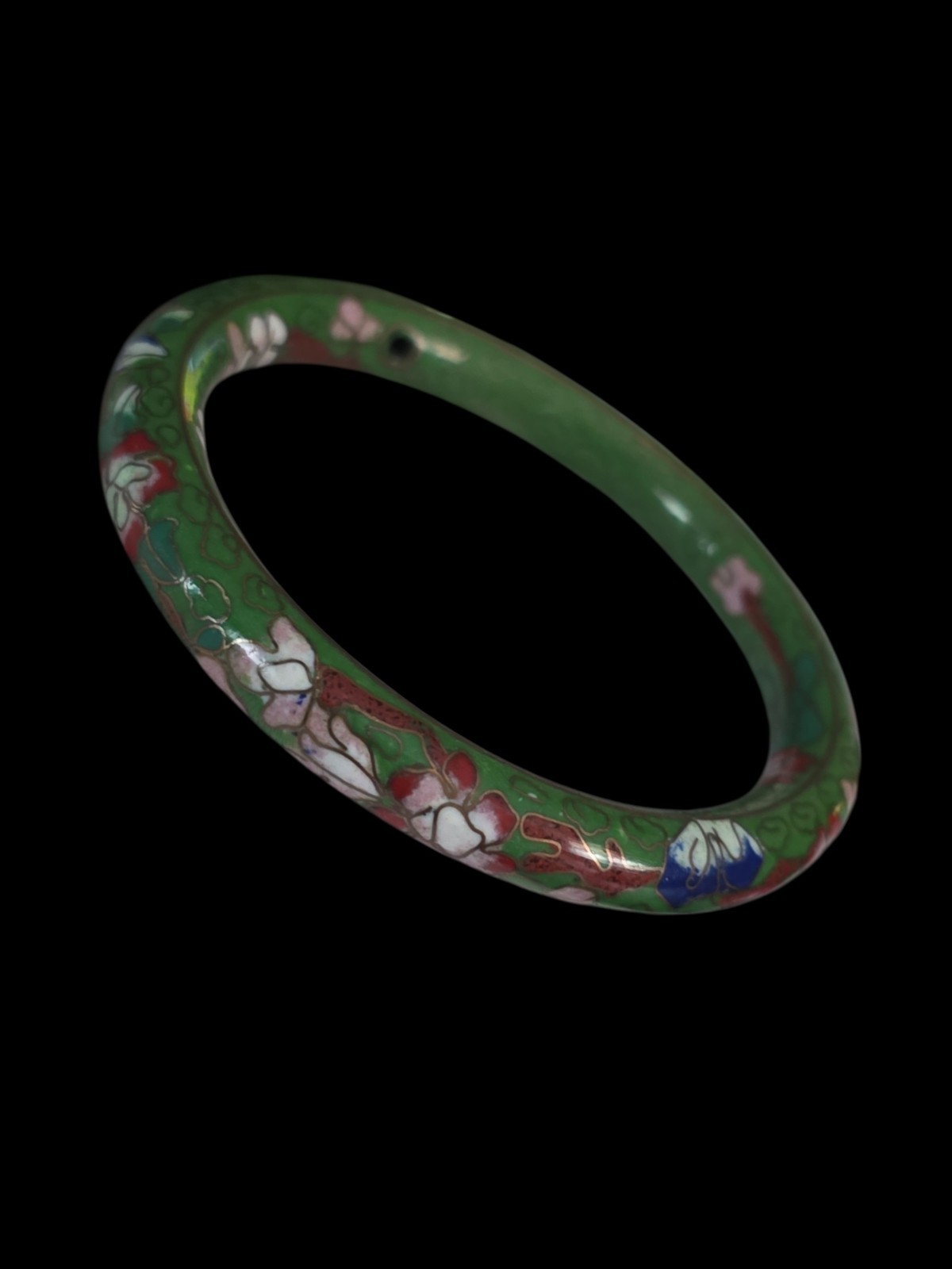 Vintage Cloisonne Green Floral Bangle Bracelet 7 1/4 In