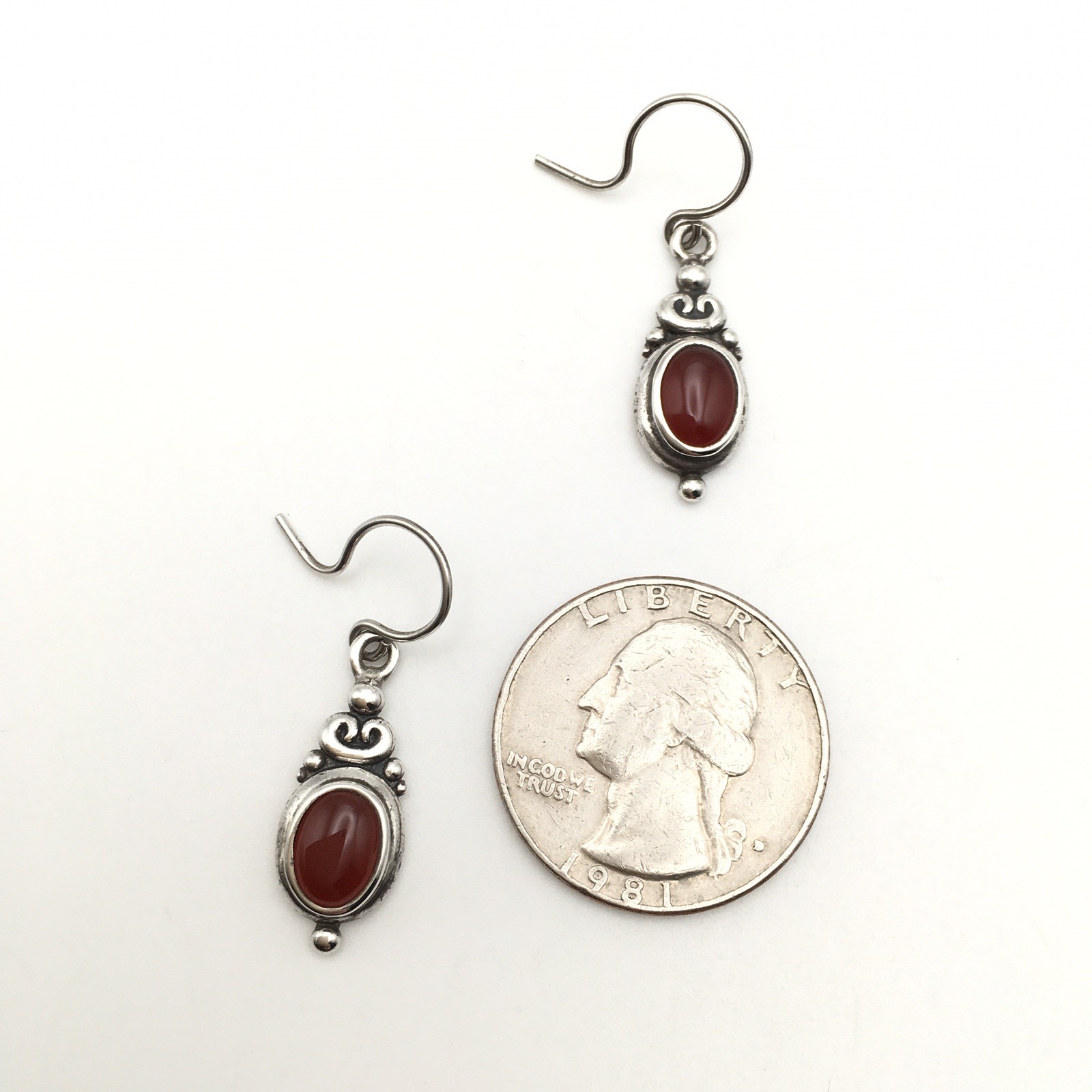 Vintage Sterling Silver Oval Red Orange Stone Hook Dangle Earrings 3.9g #65