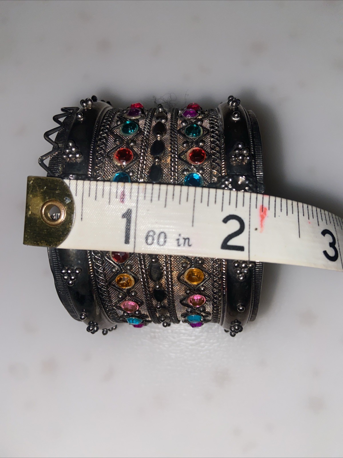 Moroccan 2” Wide Ornate Silver Tone Faux Stones Hinged Belly Dance BRACELET