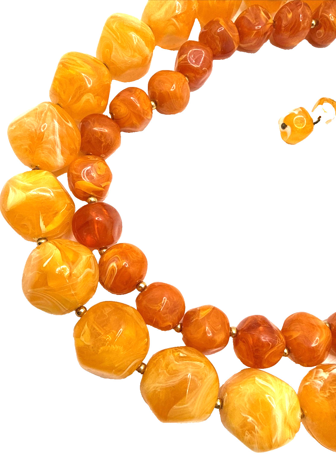 Vintage Double Strand Beaded Choker Necklace Orange Lucite Swirl Mid Century 18″