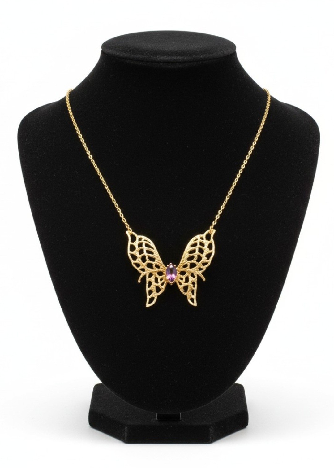 14KGE Lindenwold Gold Electroplated Marquise Purple Amethyst Butterfly Necklace