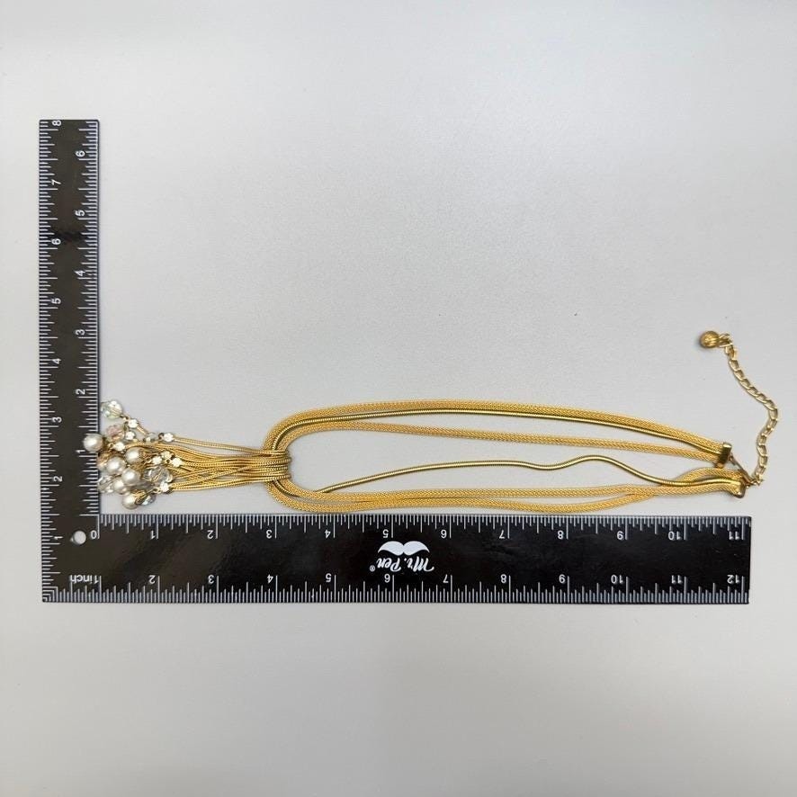 Vintage Gold Tone Mesh Chain Necklace Tassel Crystals 17″ Statement Adjustable