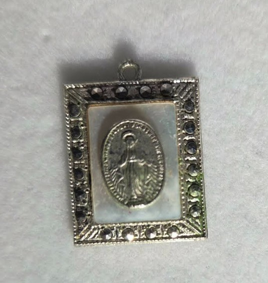 VINTAGE CATHOLIC Marcasite & Mother of Pearl Sterling Silver Pendant/Charm