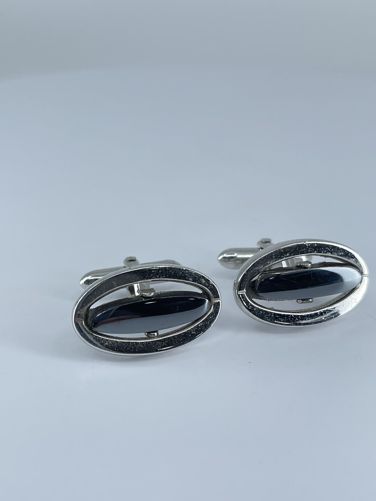 Vintage Swank hematite cufflinks long oval open silver tone design 3/4″