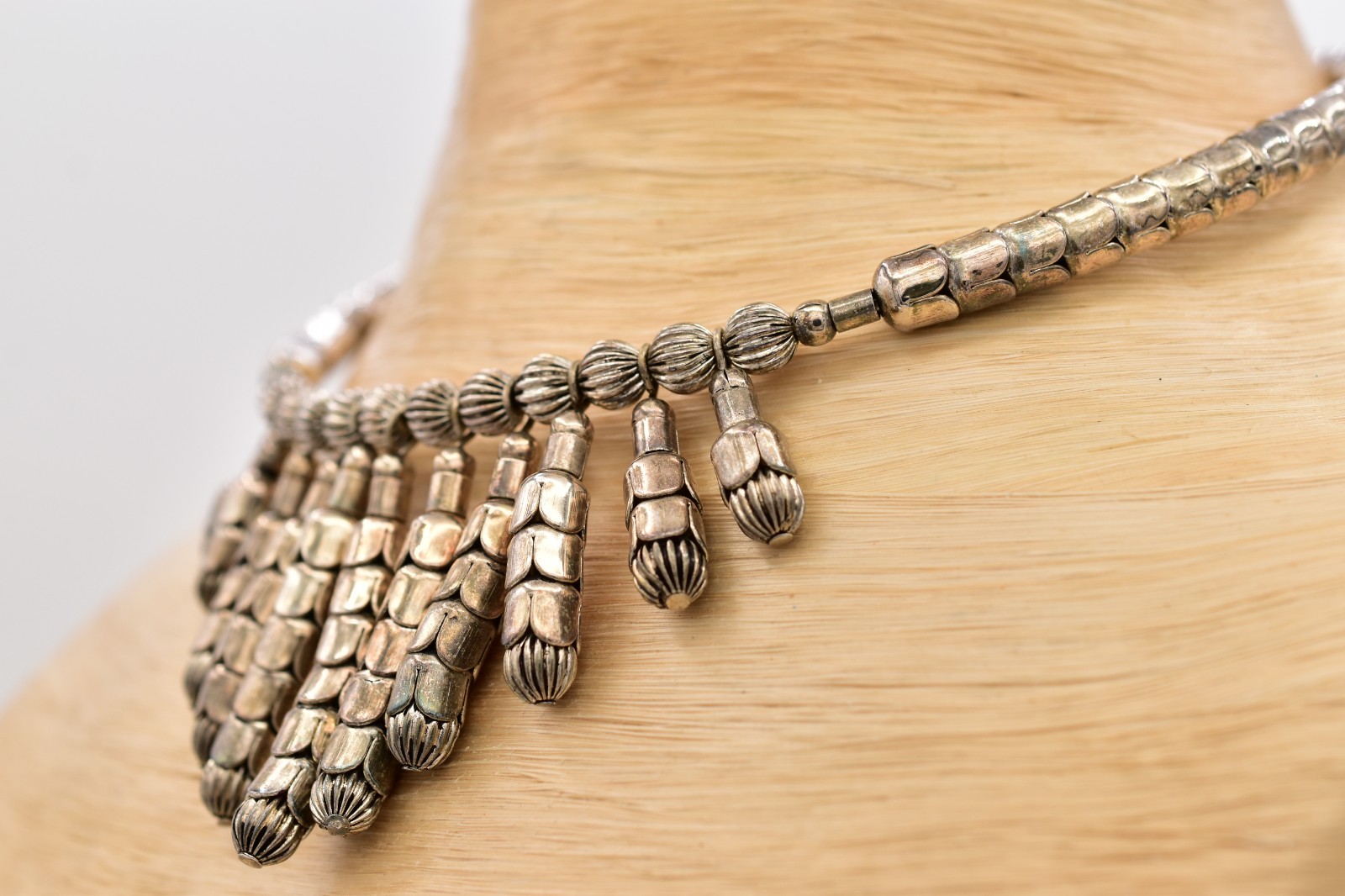 Vintage Silver Choker Fringe Statement Necklace Tribal Dangle Bib 1970s Bin3B