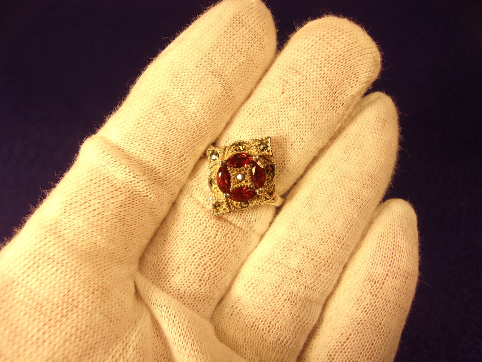 #3 of 6, SUPERB OLDER VTG LADY’S STERLING SLVER, ORANGE GARNET & MARCASITE RING