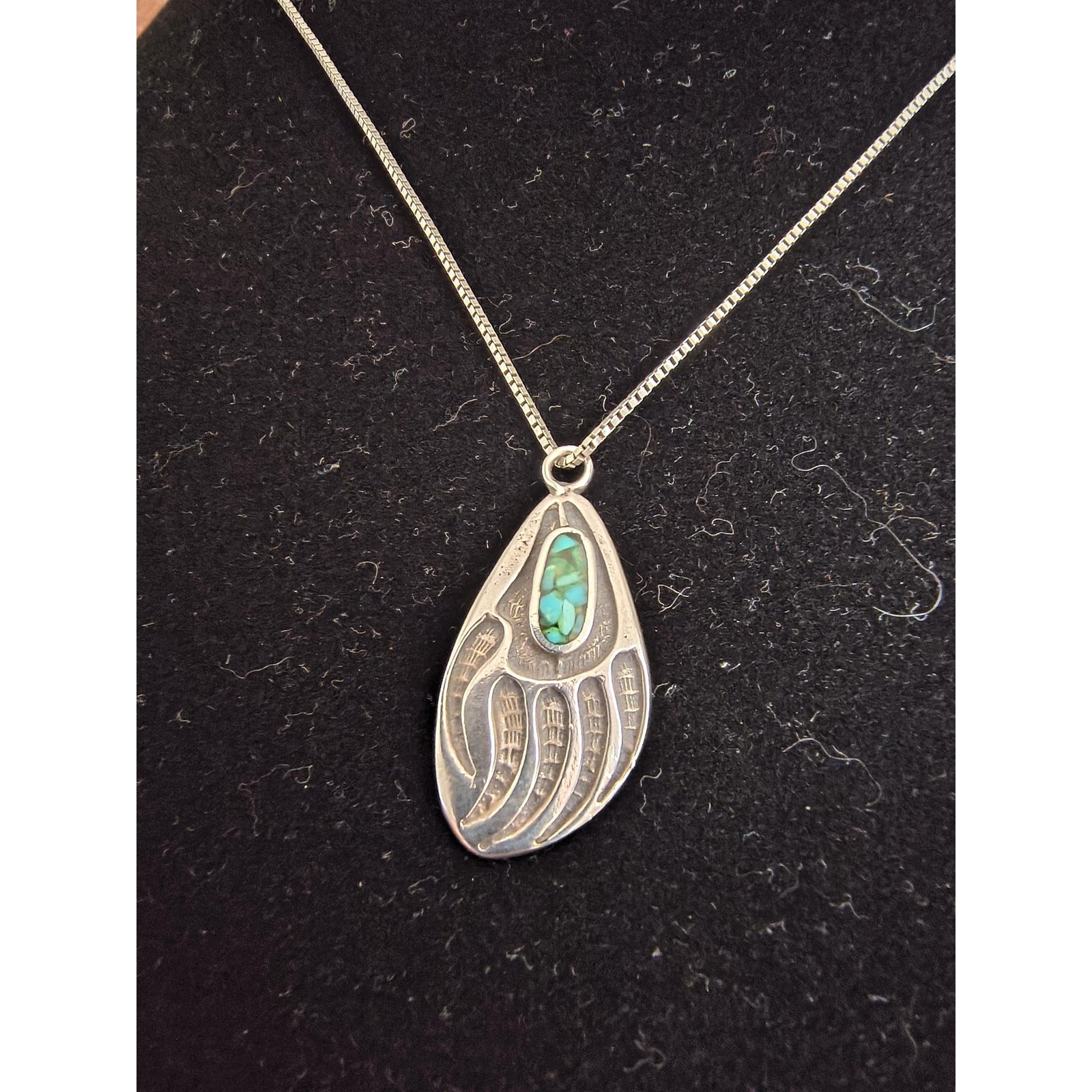 Old Sterling Silver Necklace Bear Paw Turquoise Inlay Pendant & 925 LUND Chain