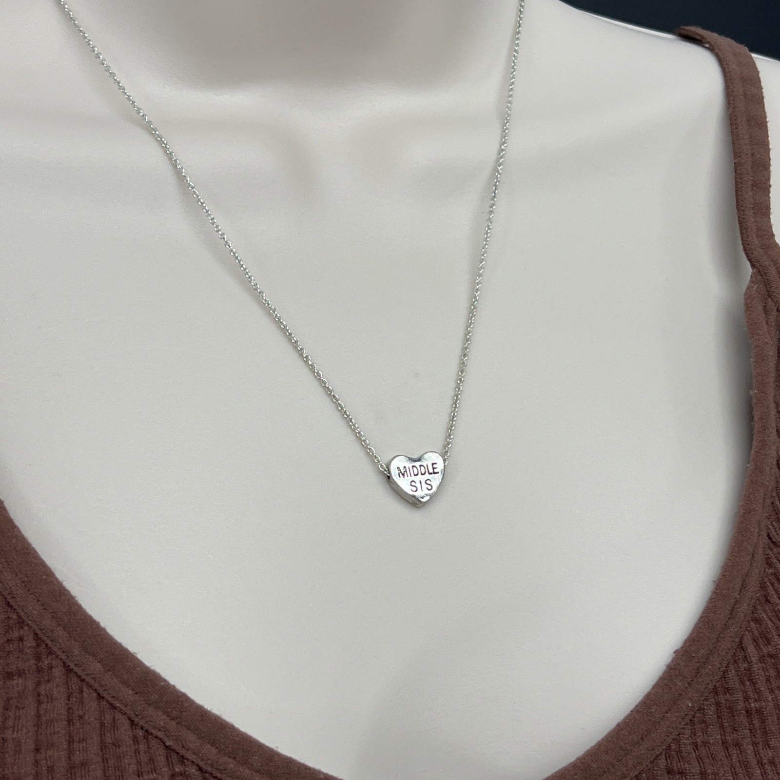 Claire’s MIDDLE SIS Sliding Heart Pendant Necklace Vintage Silver Tone 18”