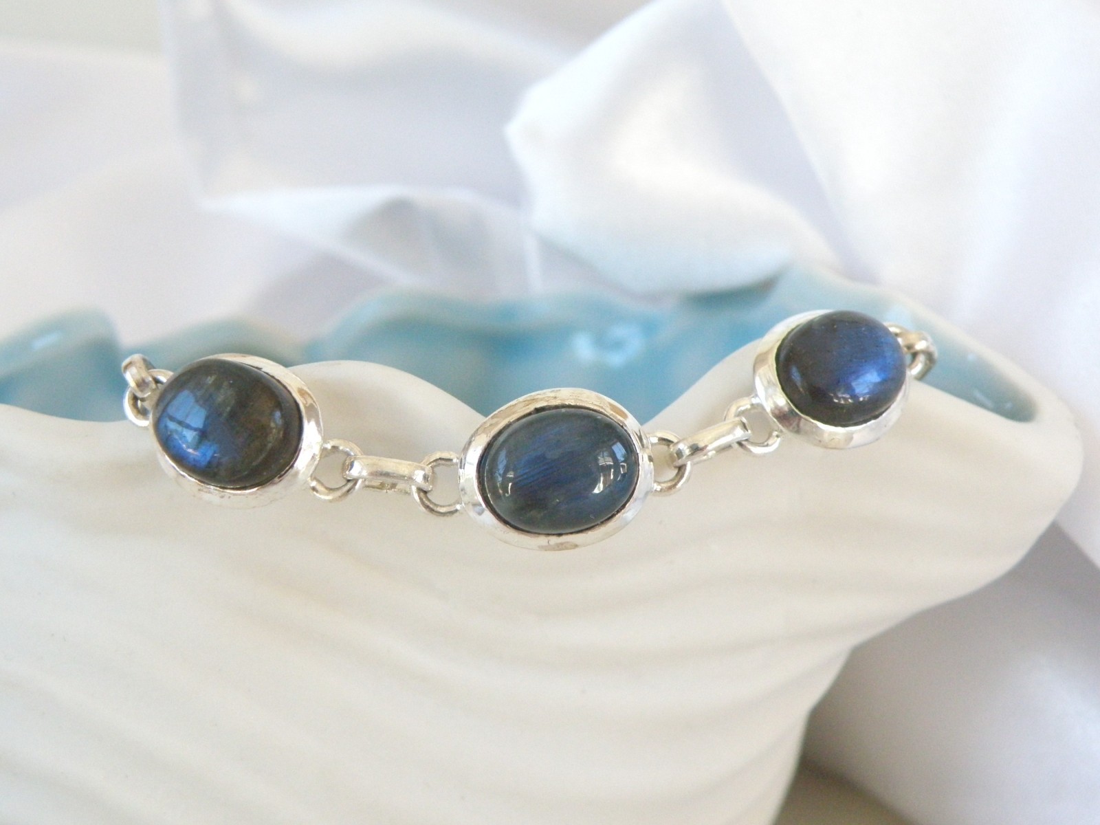 Vintage Sterling Silver 925 Labradorite Tennis Link Adjustable Station Bracelet