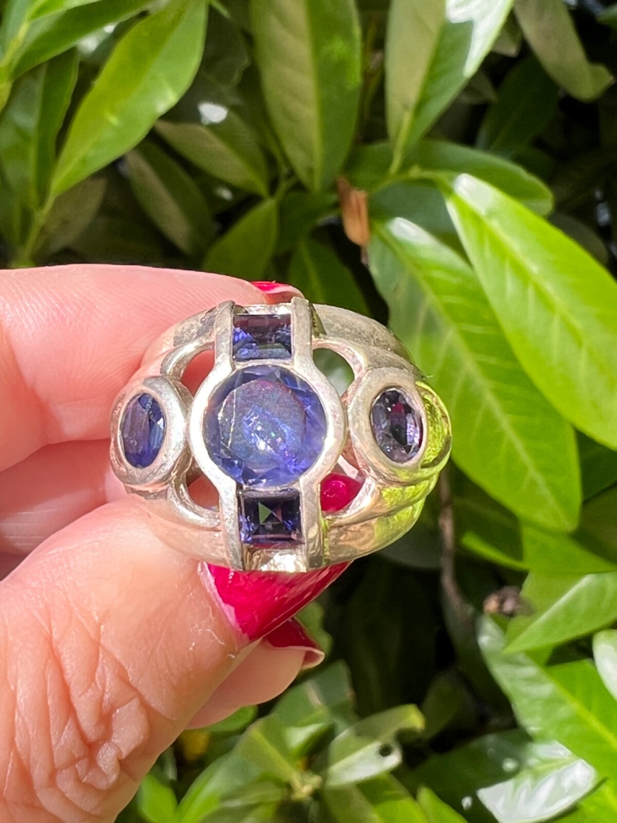 VINTAGE TANZANITE & IOLITE WIDE BAND RING 925 STERLING SLVER UNIQUE HEAVY CHUNKY