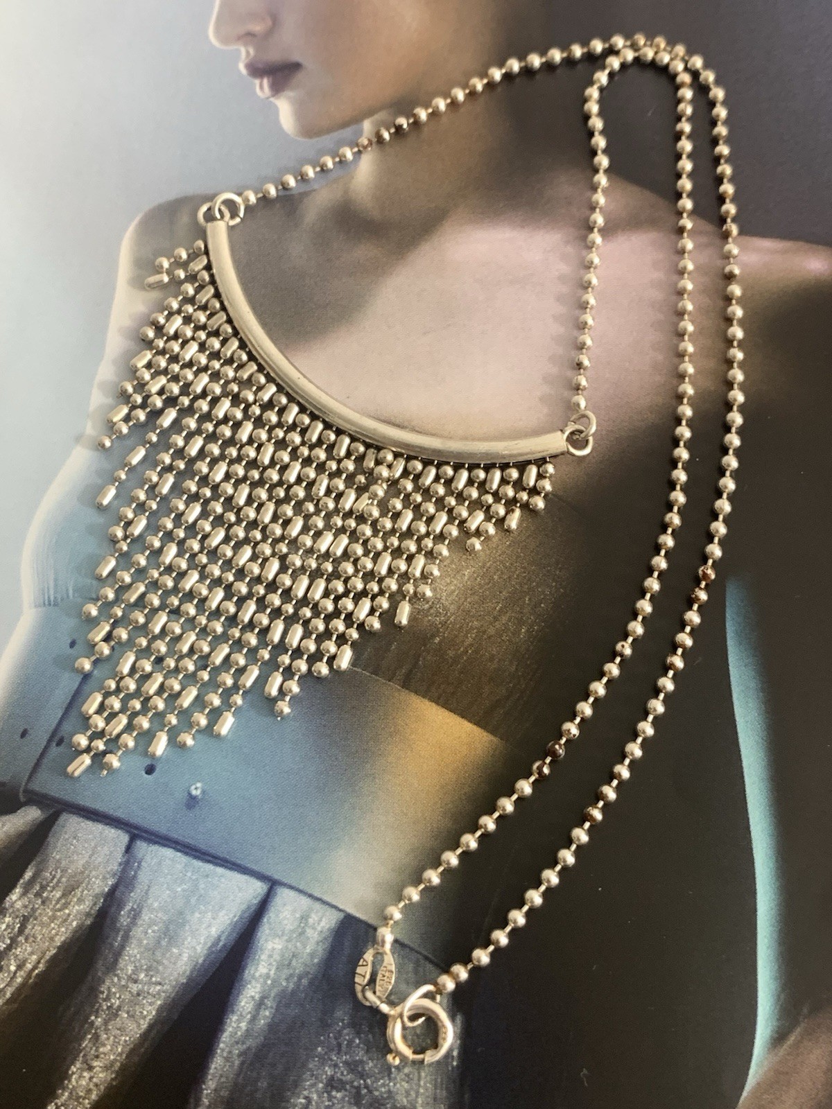 925 Sterling Silv Beaded Chain Cascading Fringe Bib Necklace Signed ATI Italy