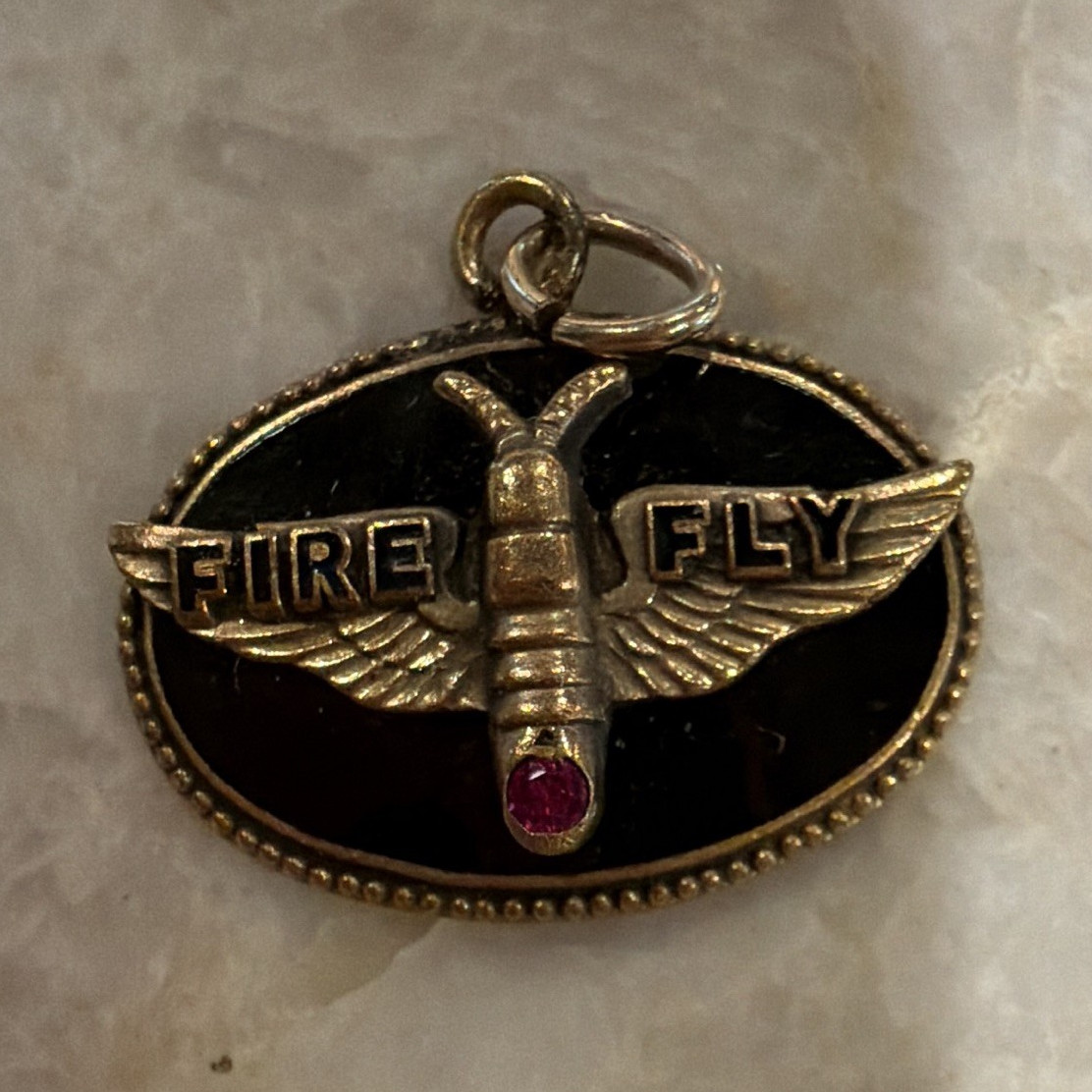 Signed Oval Charm Pendant, Gold Tone Black Enamel, Red Stone, Engraved Bug