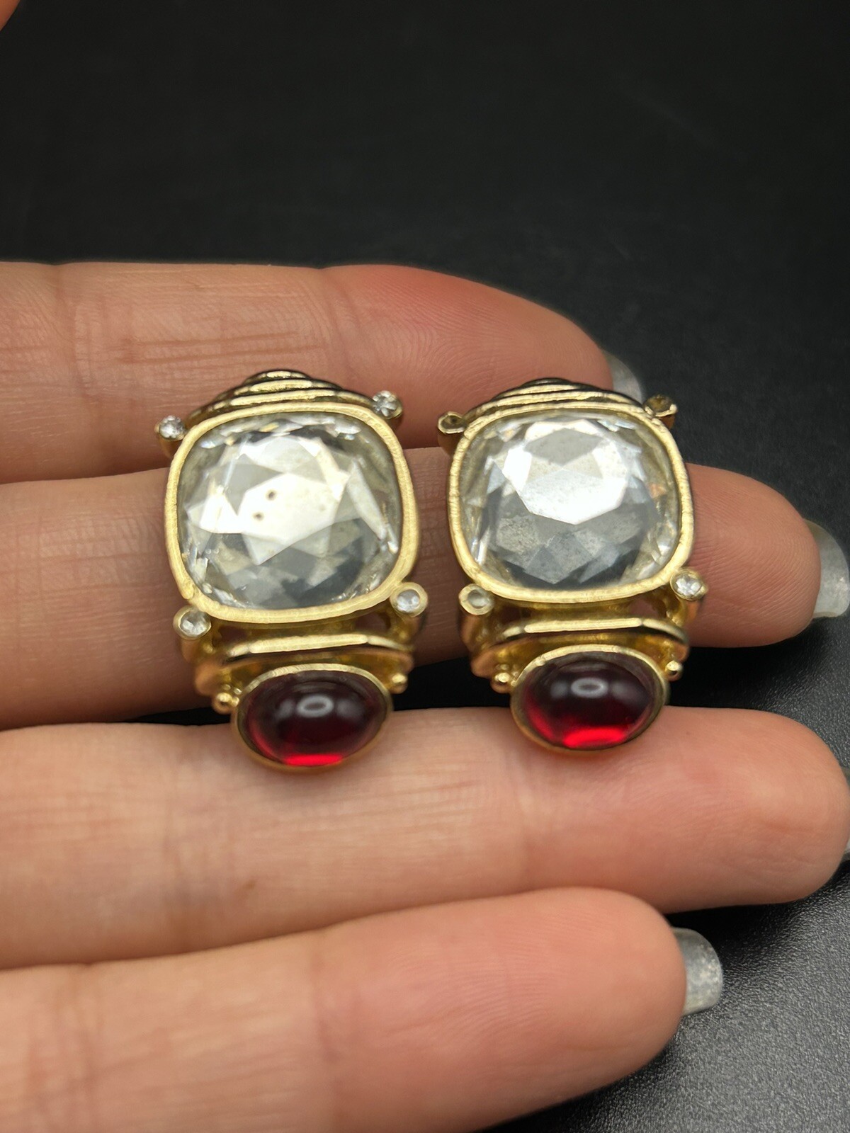 Orena Paris Signed French Vintage Crystal Faux Ruby Enamel Clip On Earrings