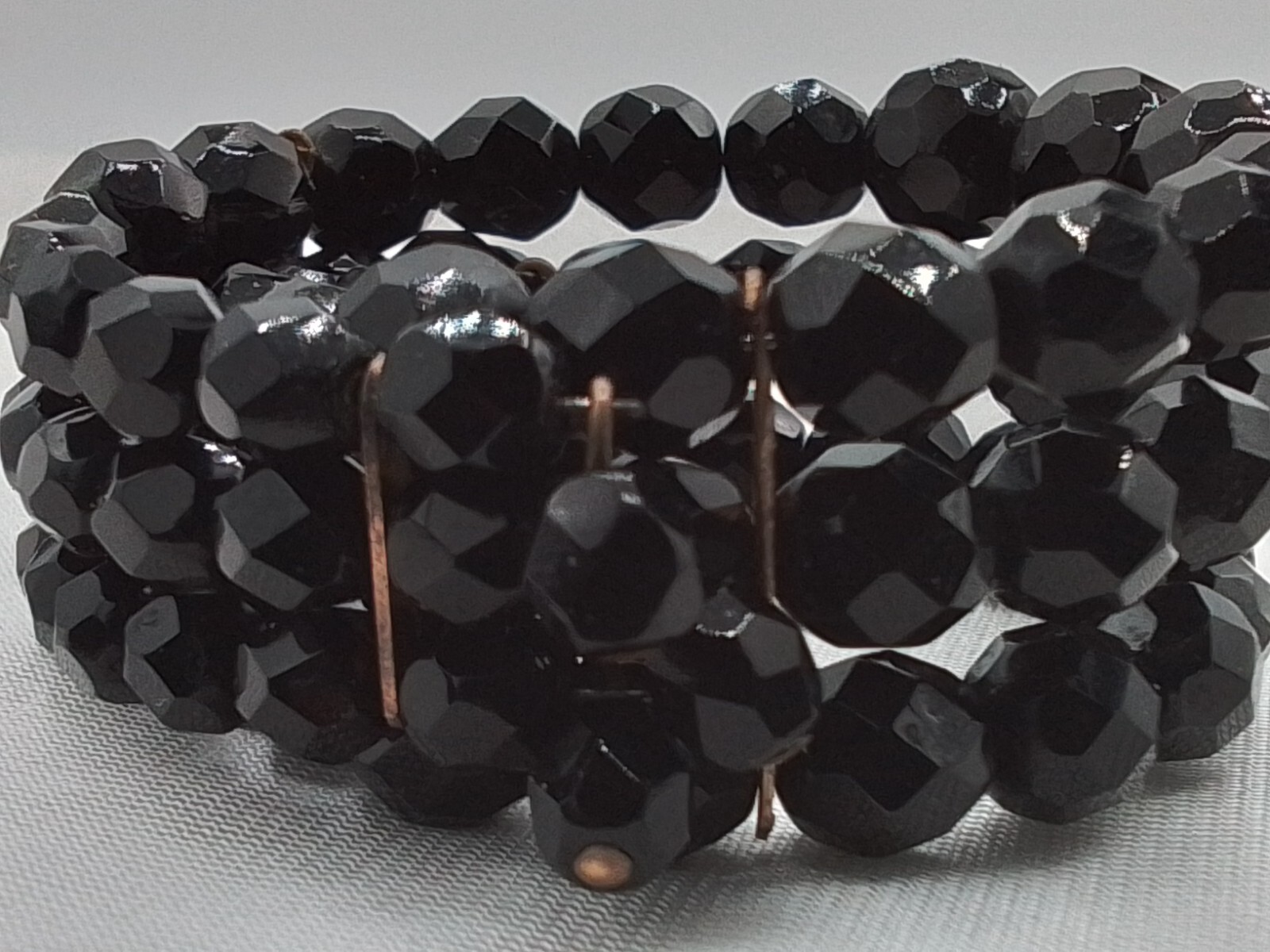 BLACK CRYSTAL TRIPLE STRAND FACETED BEADS EXPANDING WIRE CUFF BRACELET VINTAGE