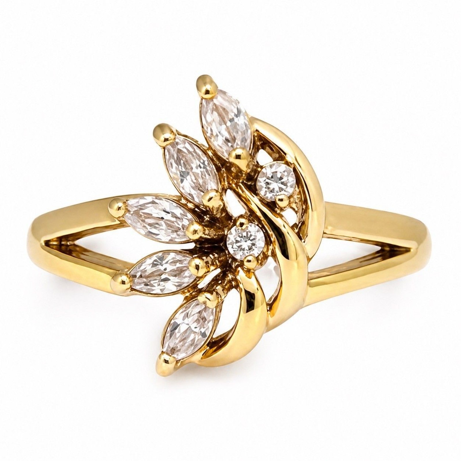Vintage 1970s Ring Size 9 CZ Cluster Marquise Prong Set Gold Plated – 14I