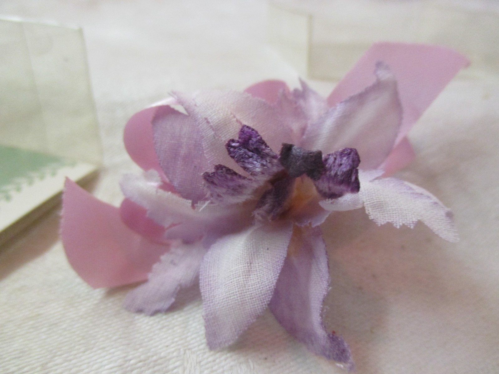 Vintage Silk cloth & plastic purple Orchid Brooch MIB (DS)