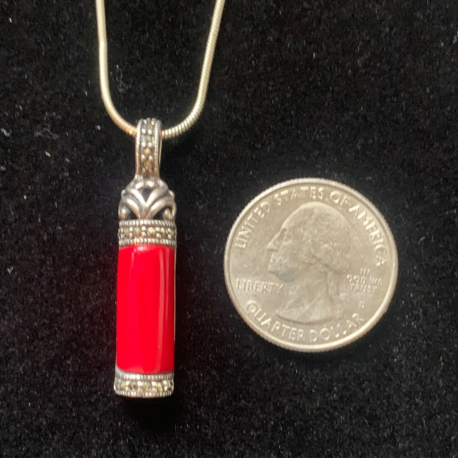 Vintage Red Coral Sterling Silver Pendant Necklace 18″ Chain Marcasite 925 Mod