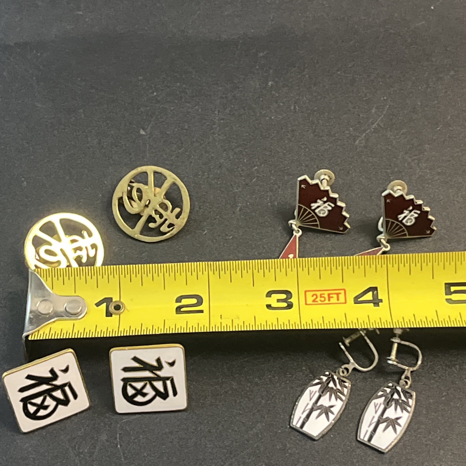 4 Vtg Chinese Symbol Fan Bamboo Enamel Clip Screw Back Earrings Asian Japan Lot