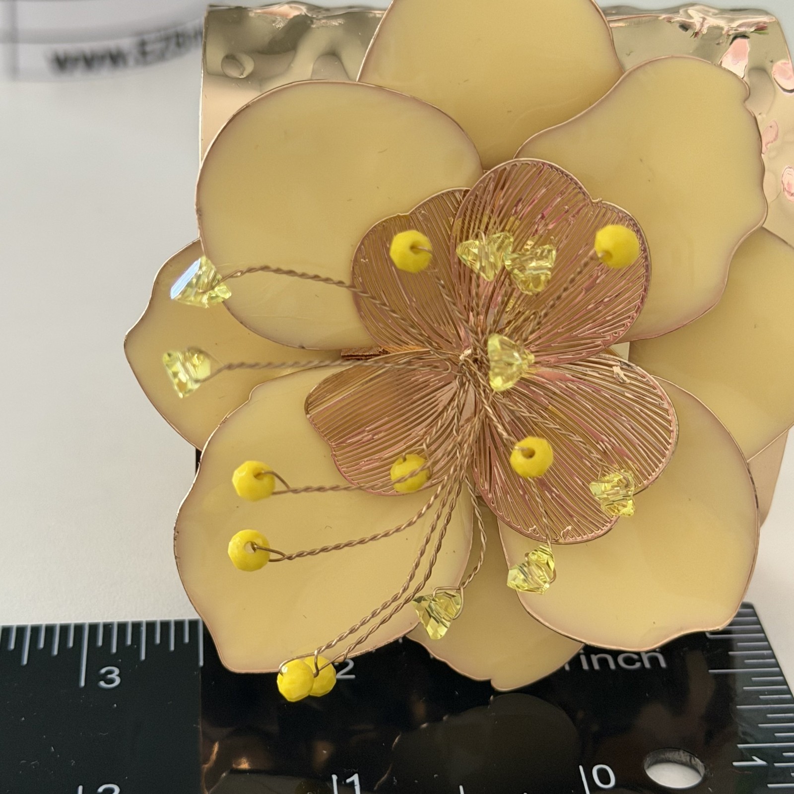 Ladies Huge Flower Statement Cuff Bracelet Yellow Enamel Glass Beaded Gold Tone