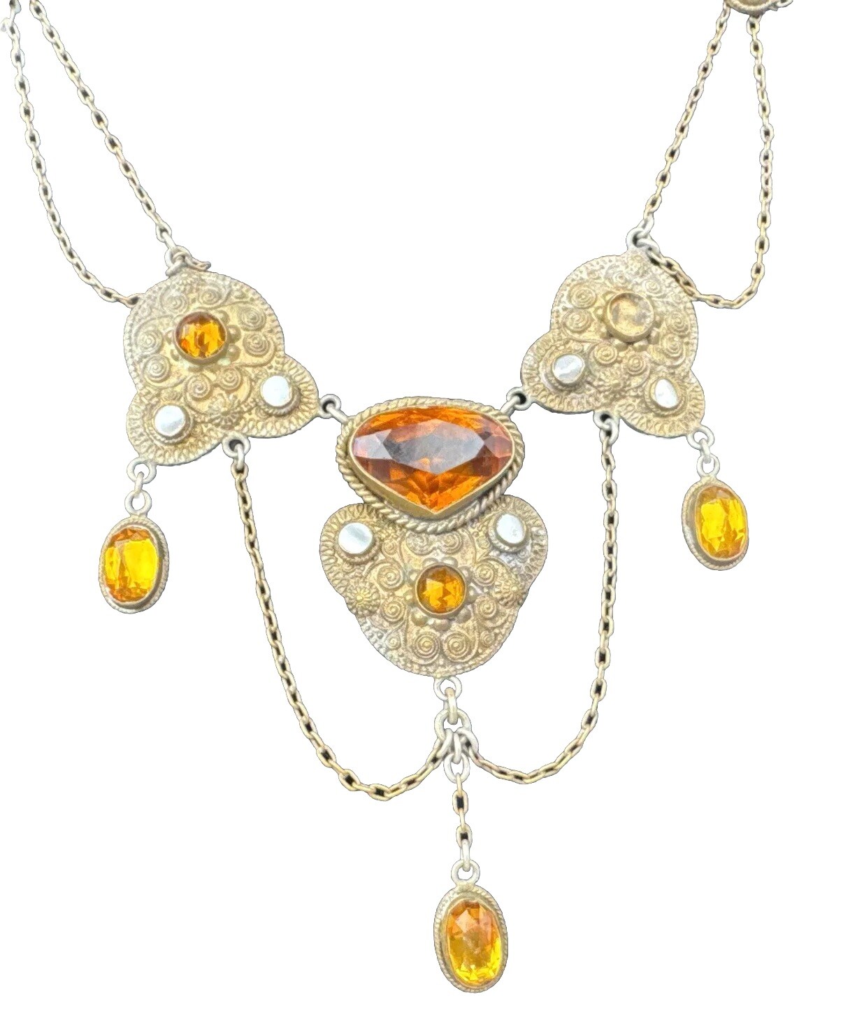 Antique Vtg Victorian Festoon Drape Swag Necklace Amber Stones Box Clasp
