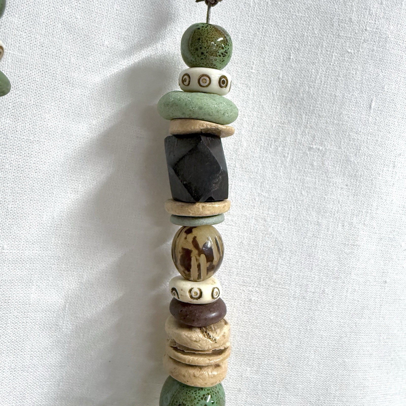 Vintage Boho Chunky Necklace Wood Ceramic Acrylic Beads on Suede Leather Cord