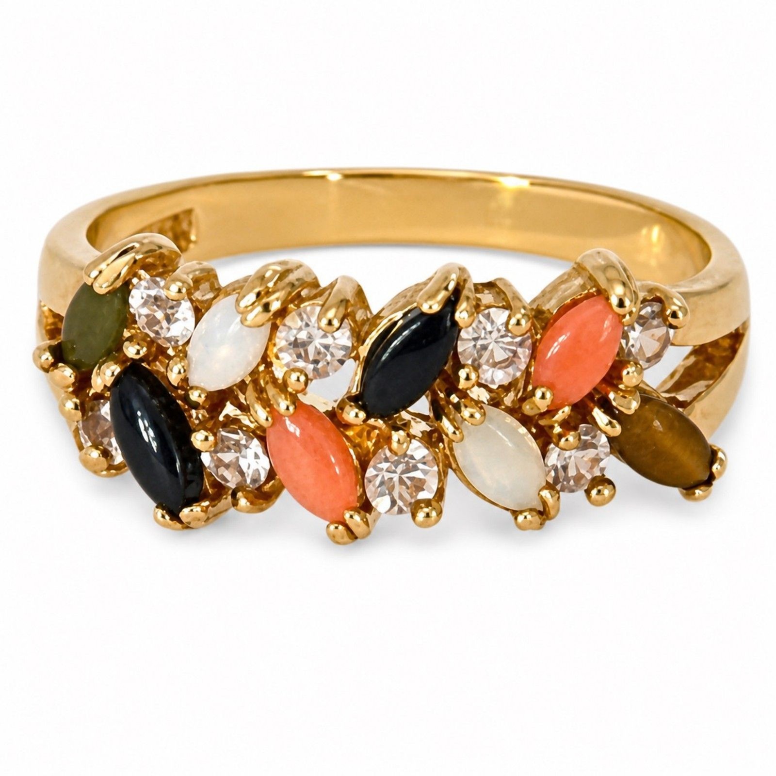 Vintage 1970s Ring Size 5 Opal Onyx Jade Tiger Eye Coral Band Gold Plate – 14M