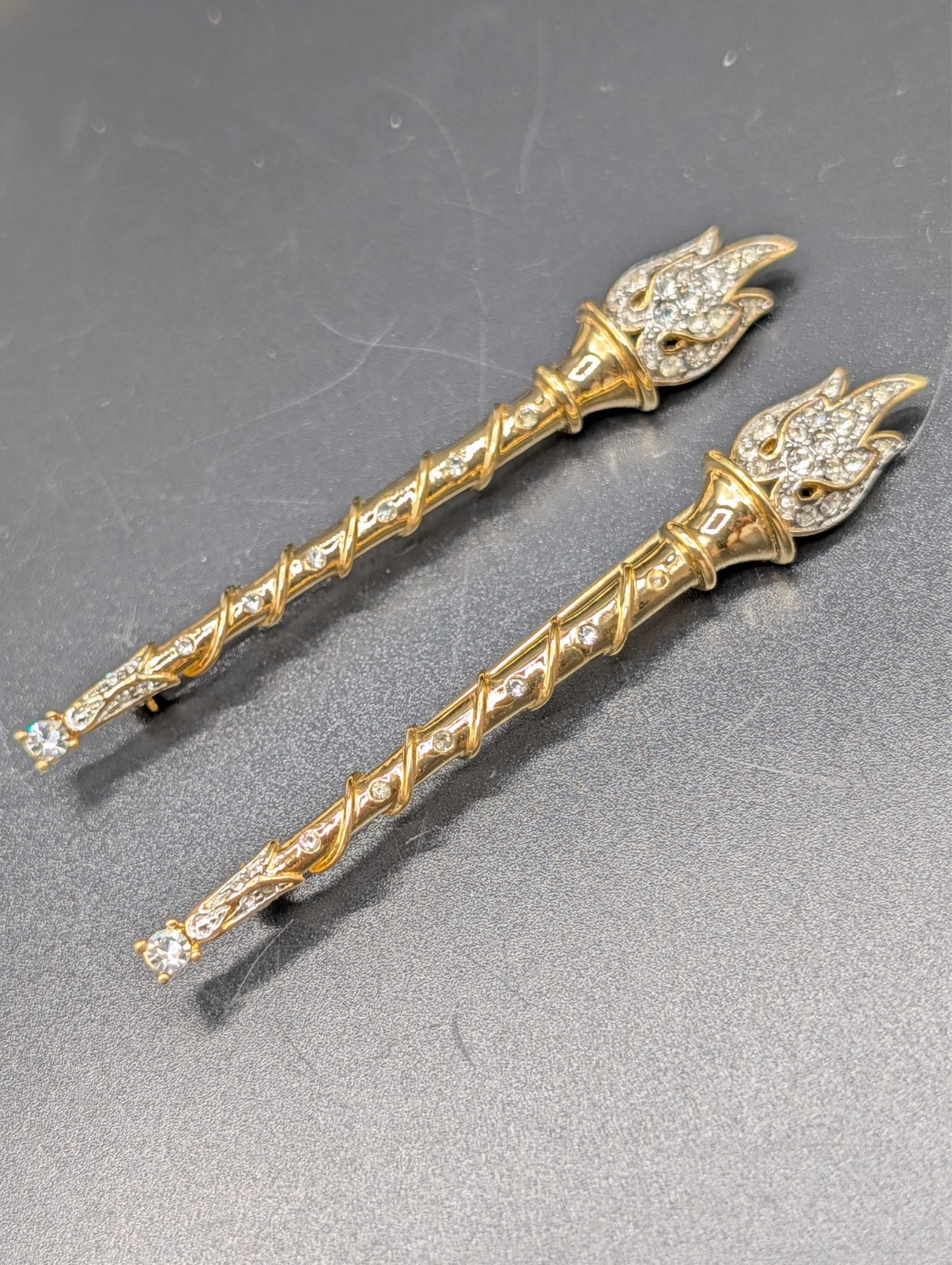 Vintage Trifari Collectibles Twin Torch Brooches Missing One Rhinestone