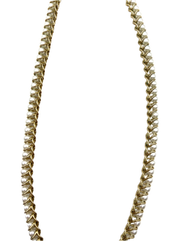 Vintage Gold Tone Faux Pearl Necklace Curb Linked Wire Wrapped 17” Costume GUC
