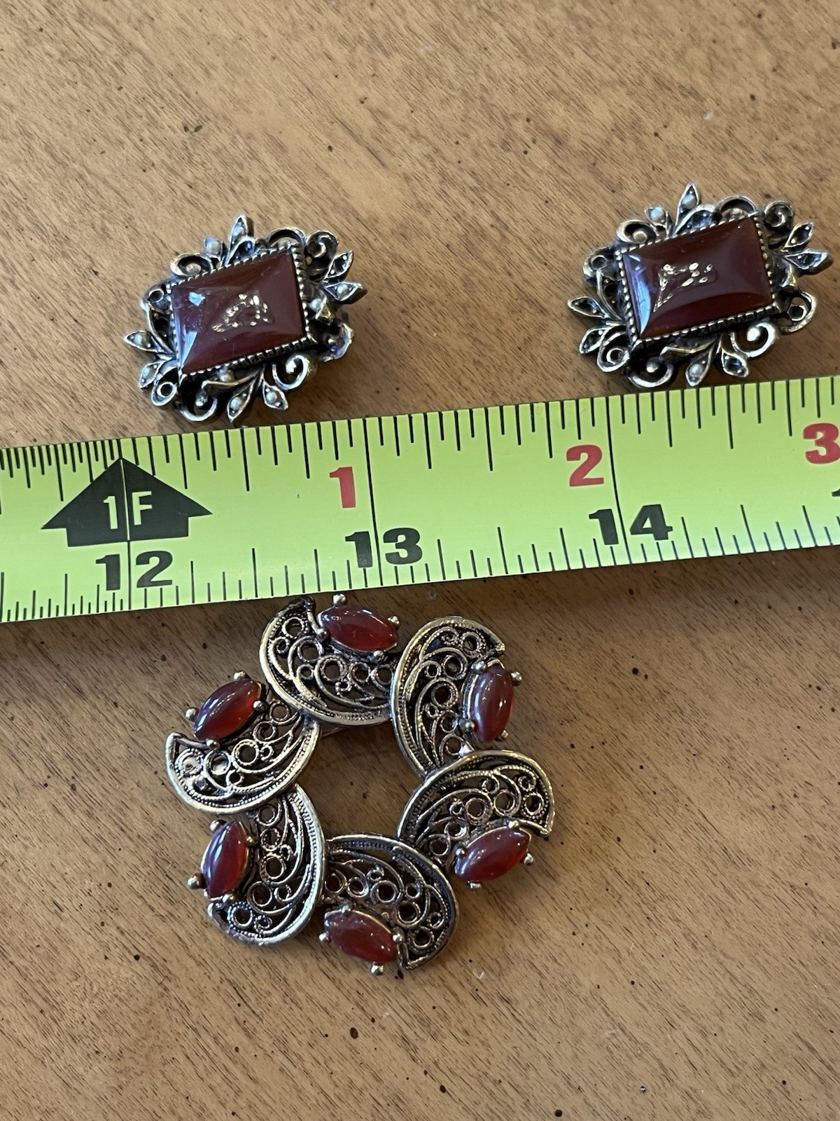 Vintage Carnelian Cabochon ART Clip On Earrings TACOA Brooch And Necklace Set